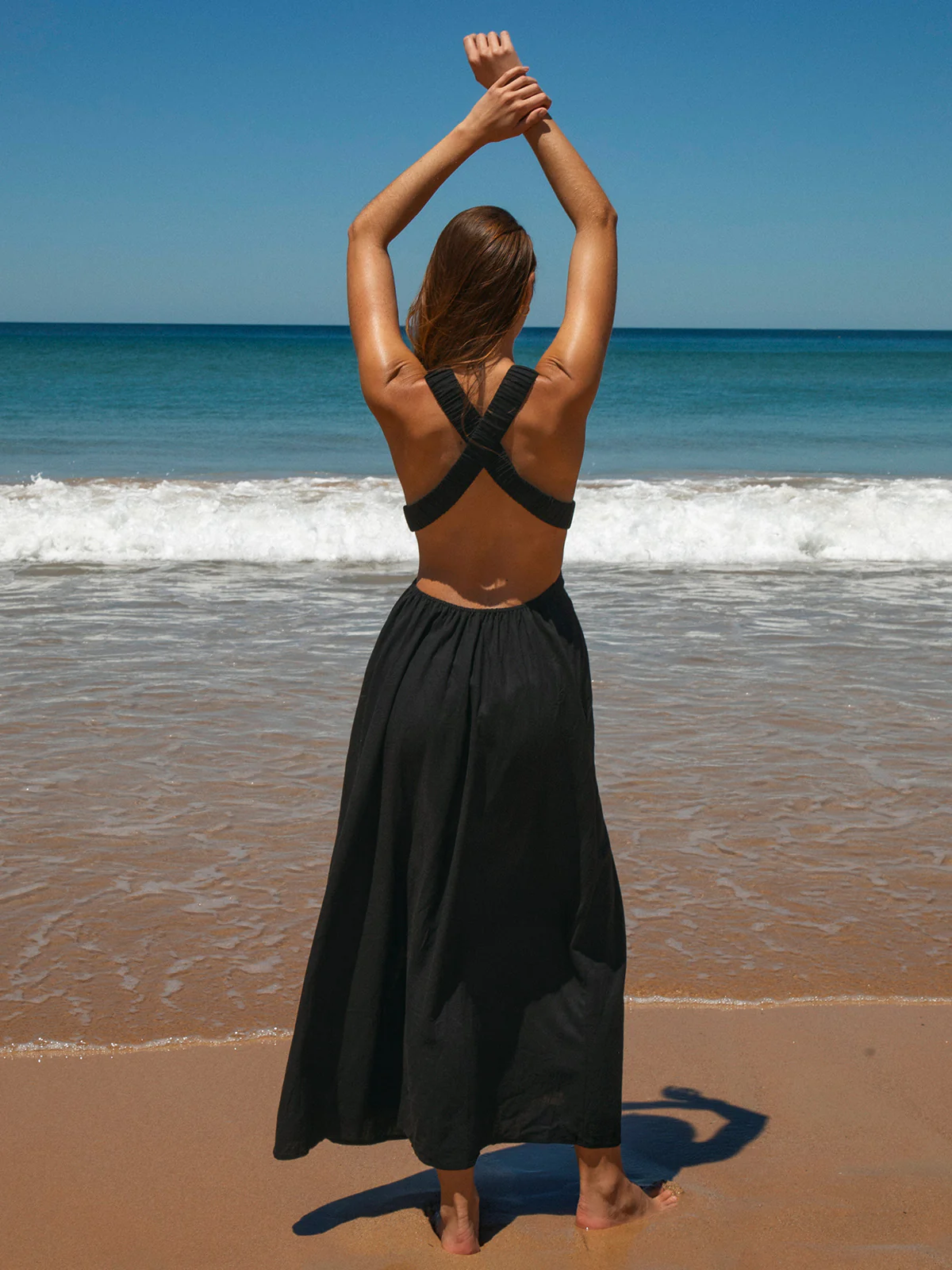 Black V Neck Plaeted Beach Dress