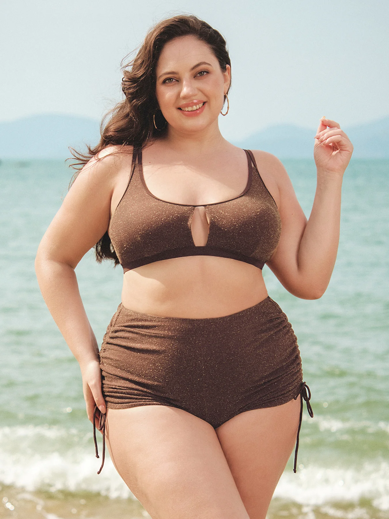 Dark Coffee Lurex Cutout Plus Size Bikini Top