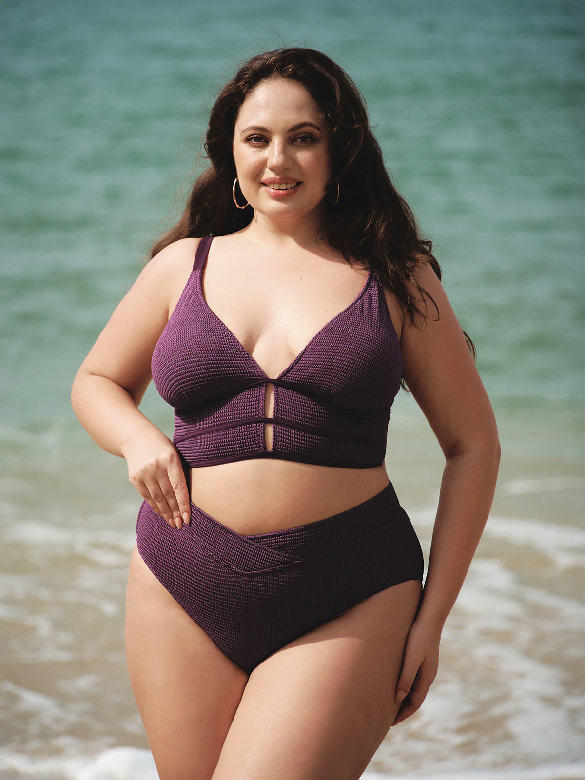 Purple Textured V Cut Plus Size Bikini Bottom
