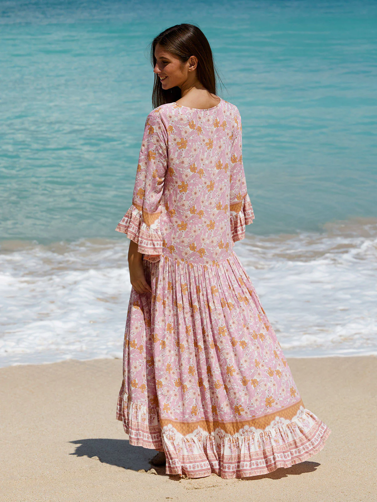 Pink Printed Ruffled Beach Dress