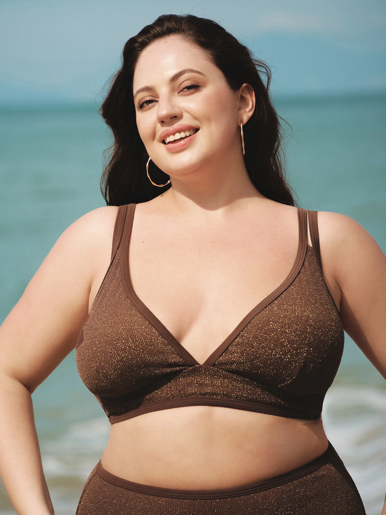 Dark Coffee Lurex Strappy Plus Size Bikini Top