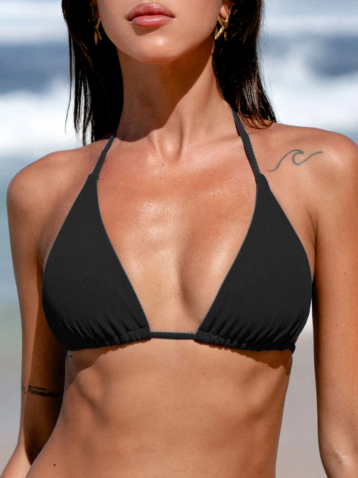 Black Solid Halter Triangle Bikini Top