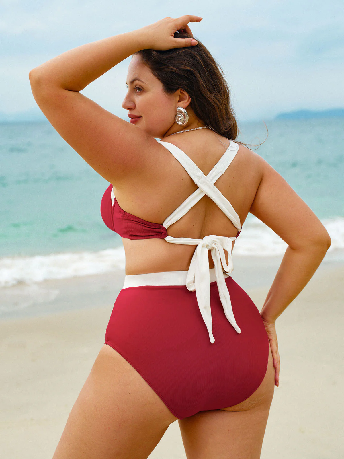 Red Contrast V Notch Plus Size Bikini Top