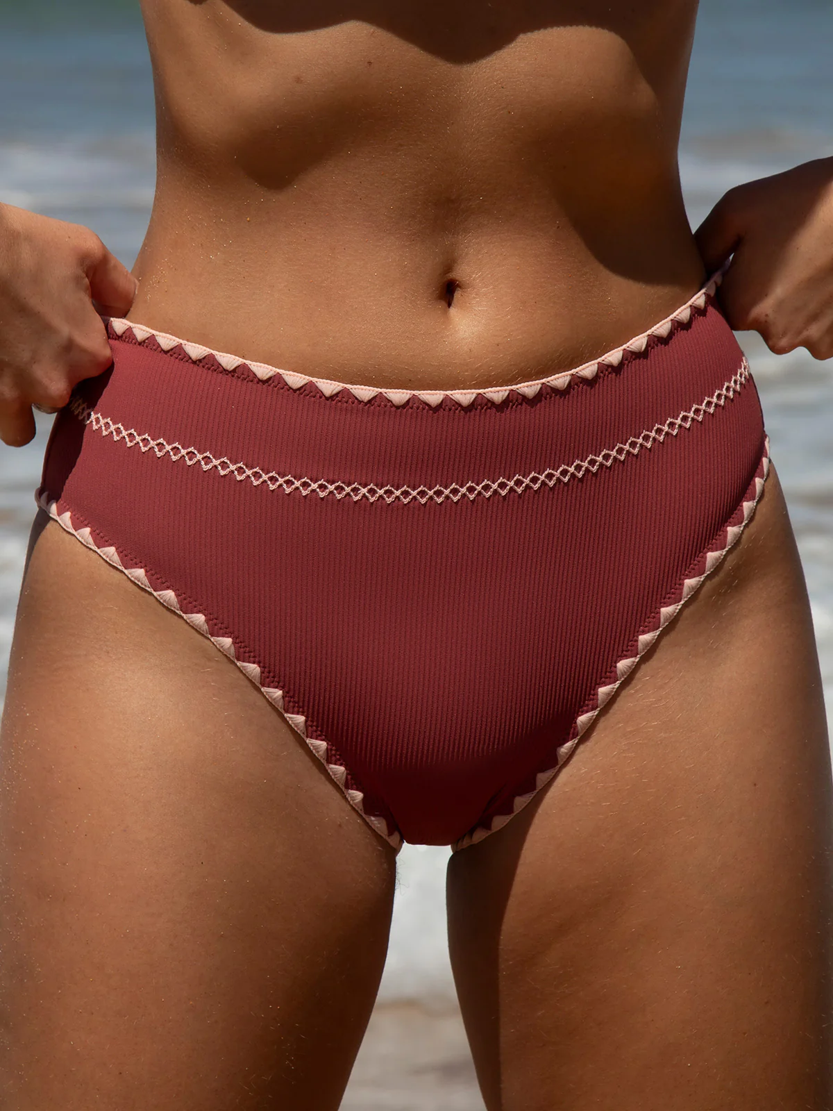 Brick Red Contrast Stitch Bikini Bottom