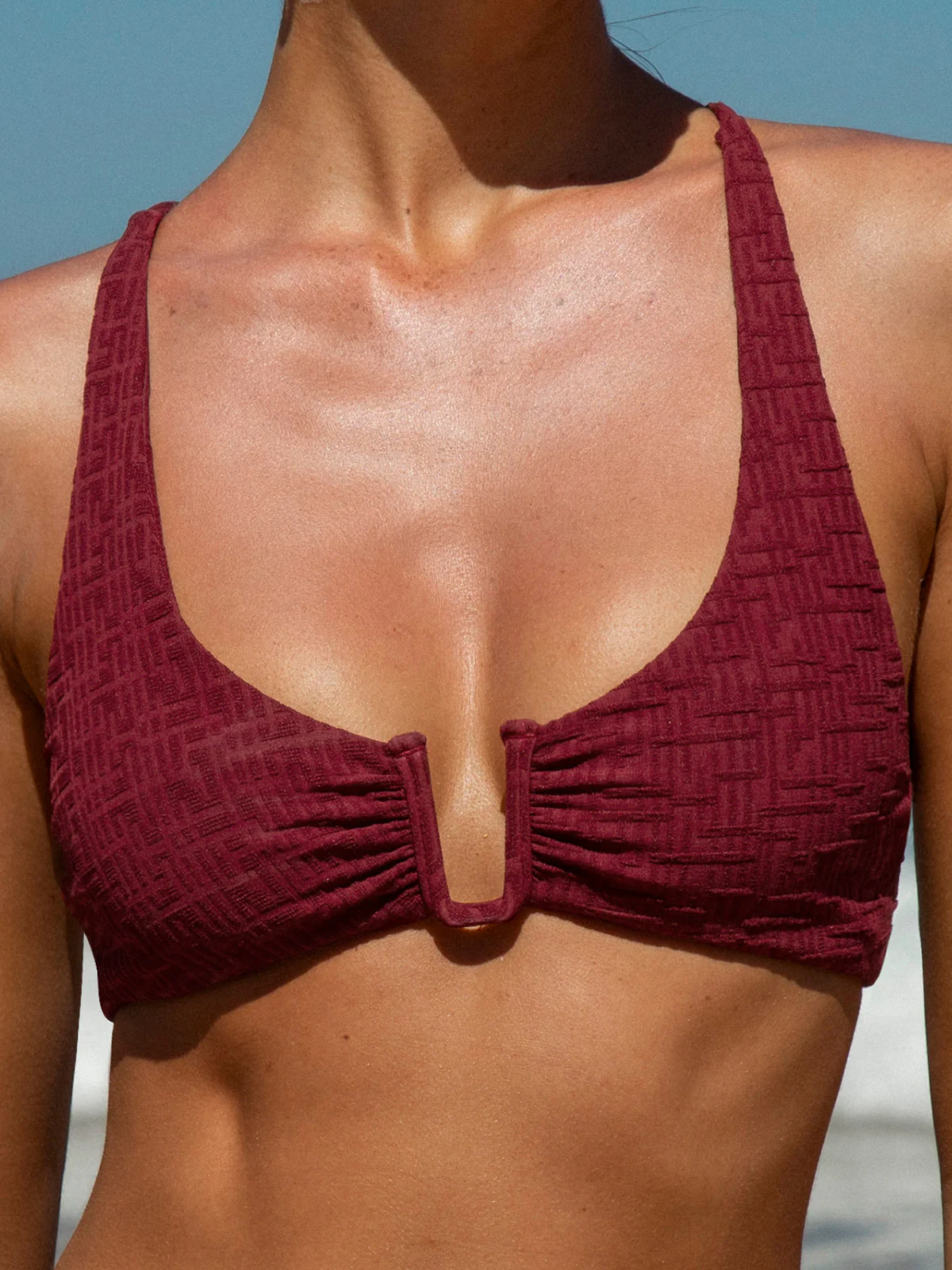 Wine Red Textured U-Ring Cross Back Bikini Top