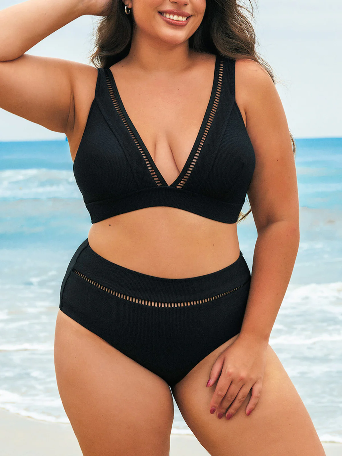 Black V Neck Plus Size Bikini Top