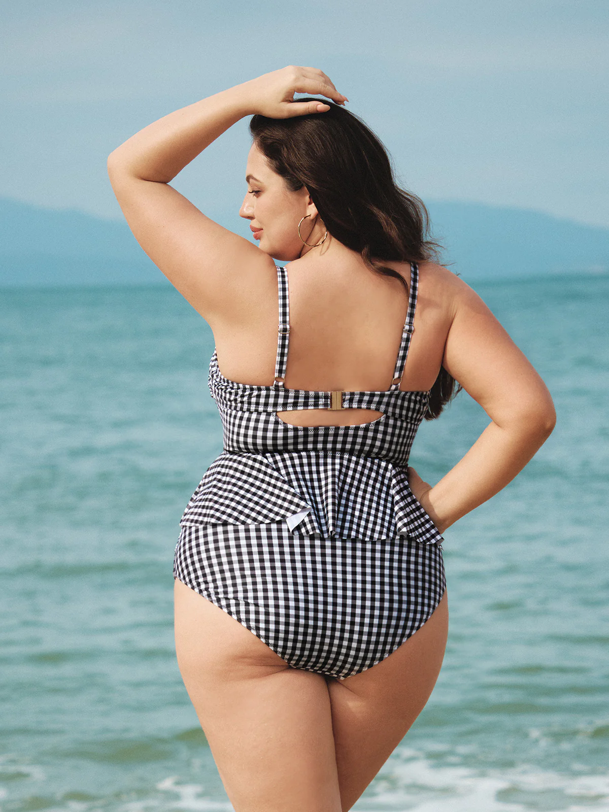 Black Plaid Plus Size Tankini Top