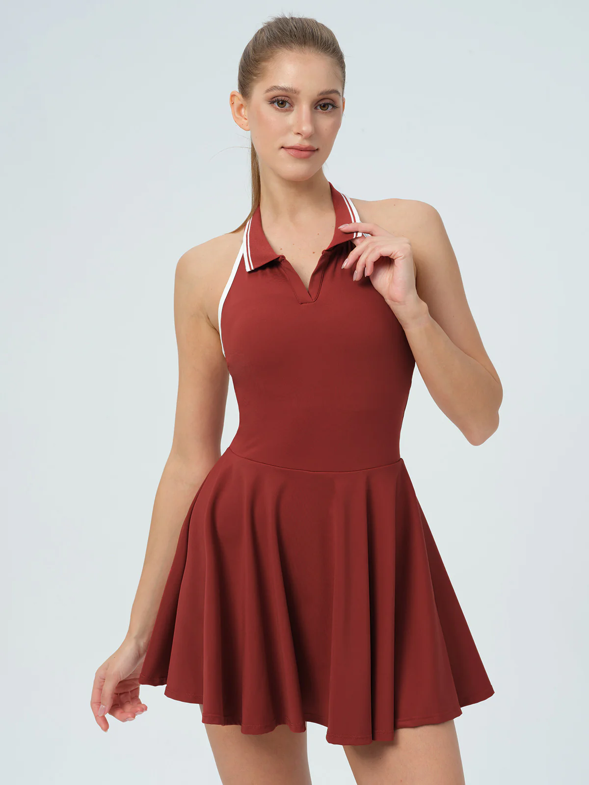 Dark Red Collar Backless Tennis Dress - Light Support