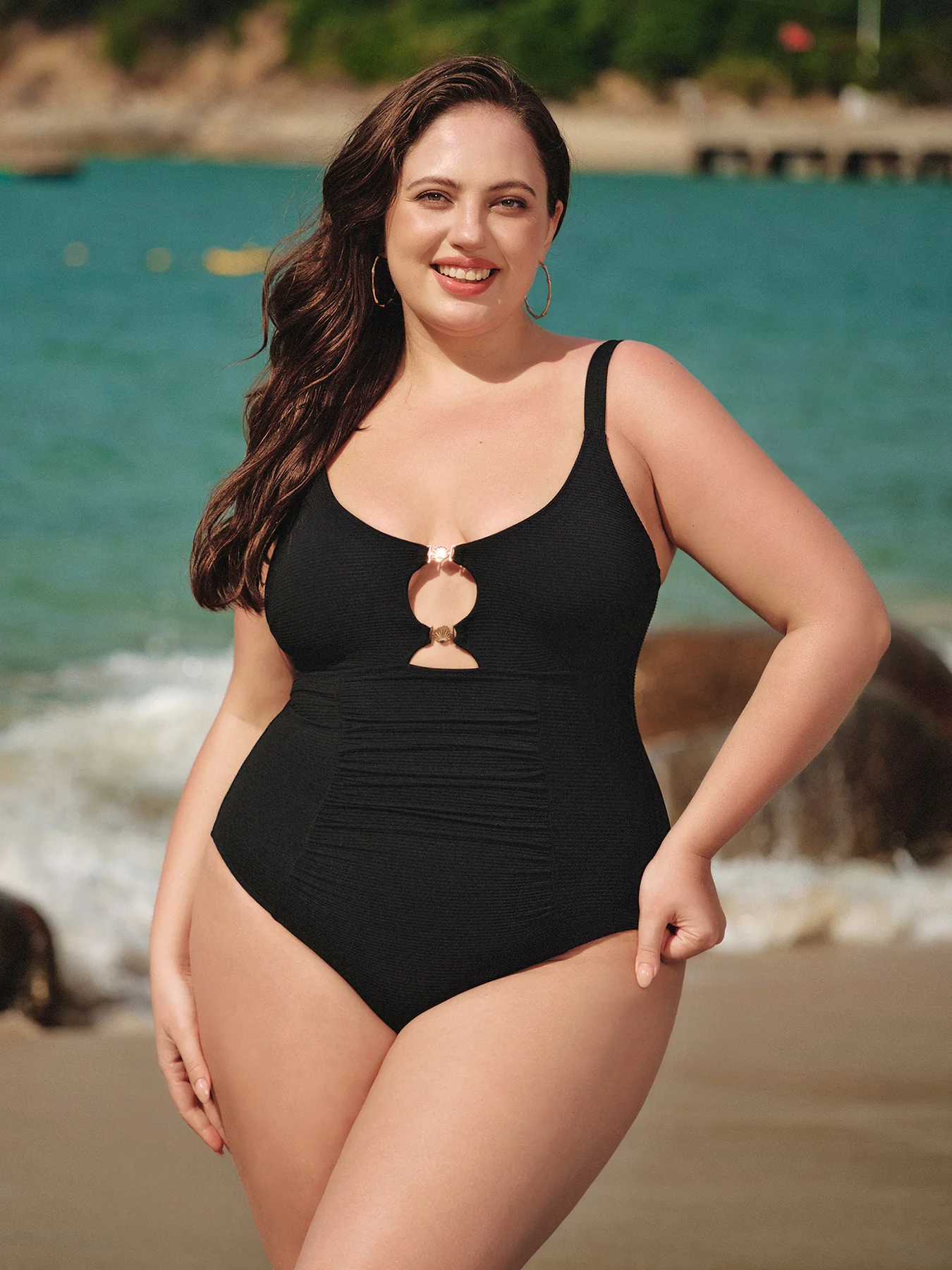 Black Cutout Gold-Accented Plus Size One-Piece Swimsuit