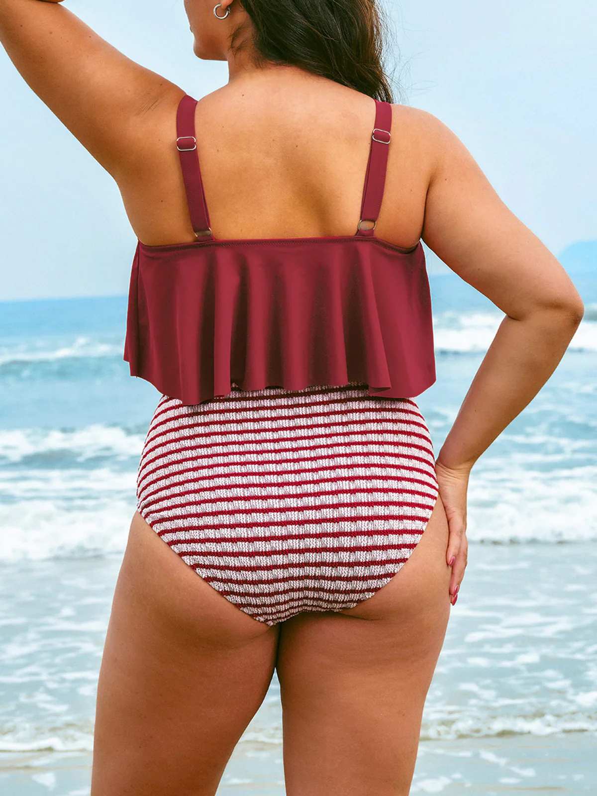 Wine Red Stripe Plus Size Bikini Bottom