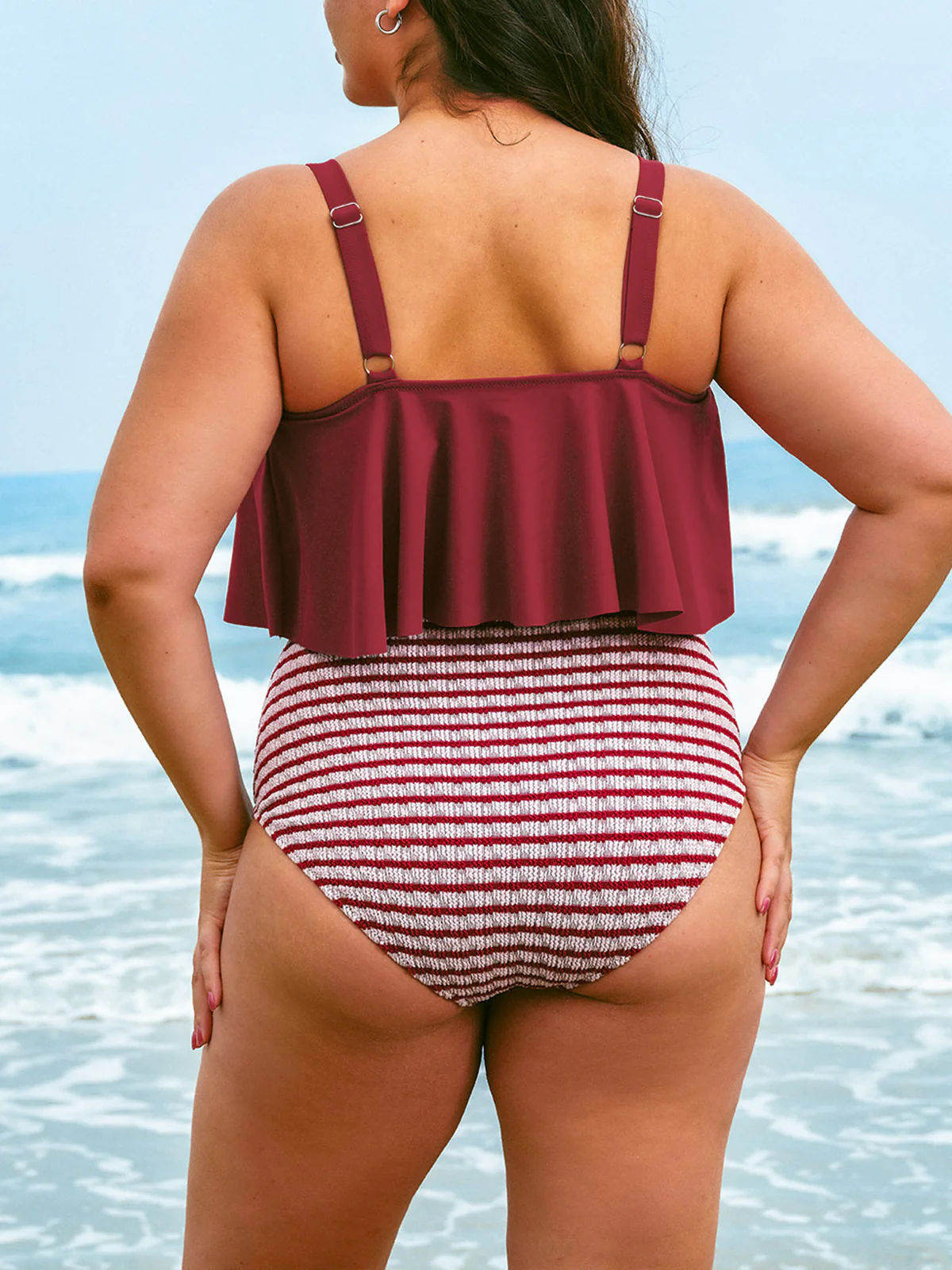 Wine Red U-Neck Plus Size Tankini Top