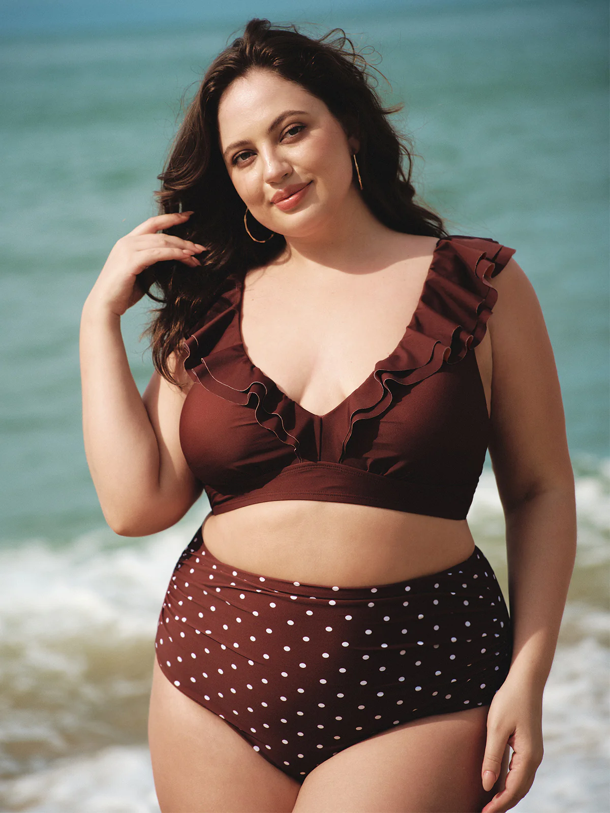 Brown Ruffled V-Neck Plus Size Bikini Top