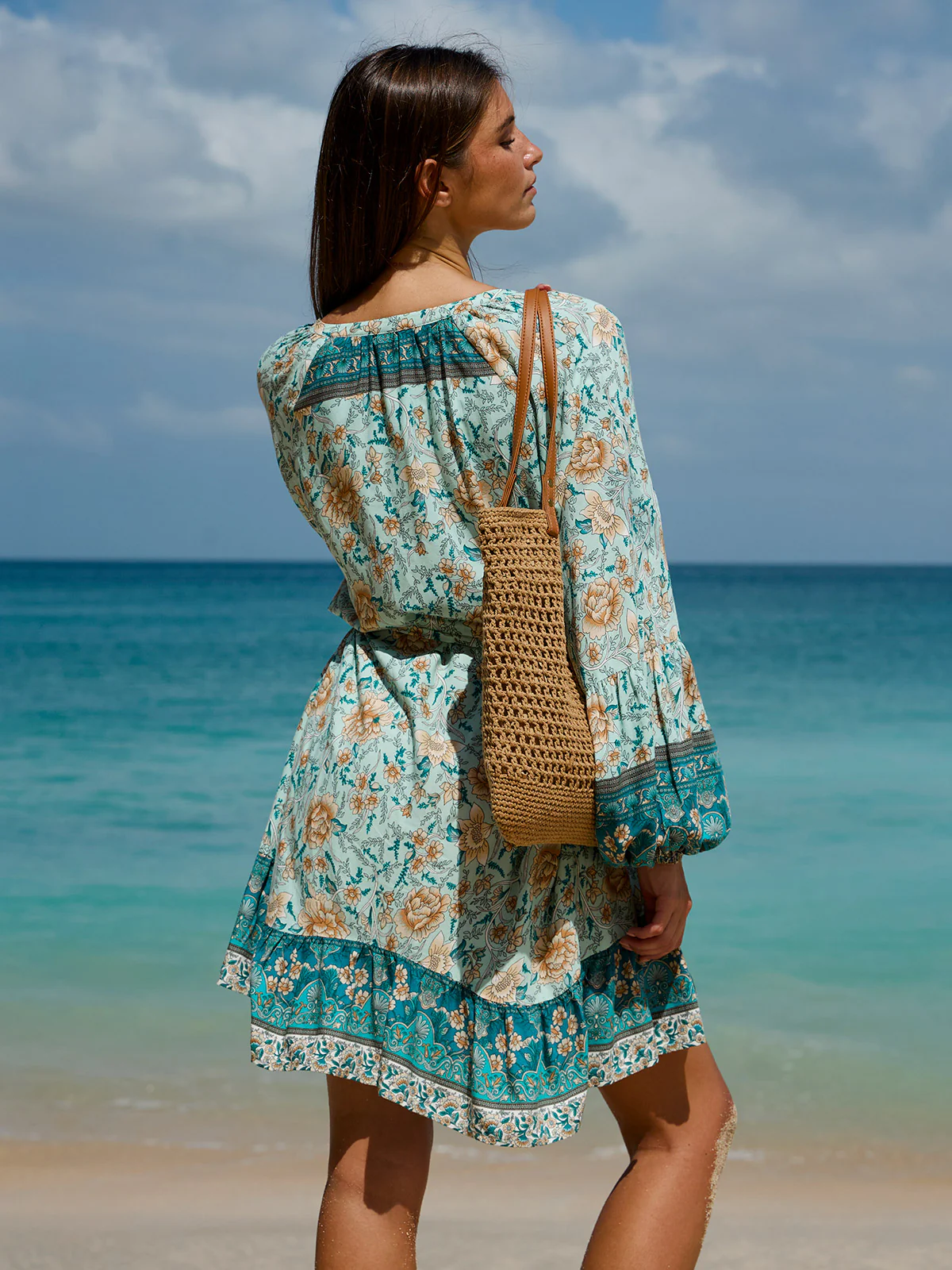 Floral Print Raglan Sleeve Beach Dress