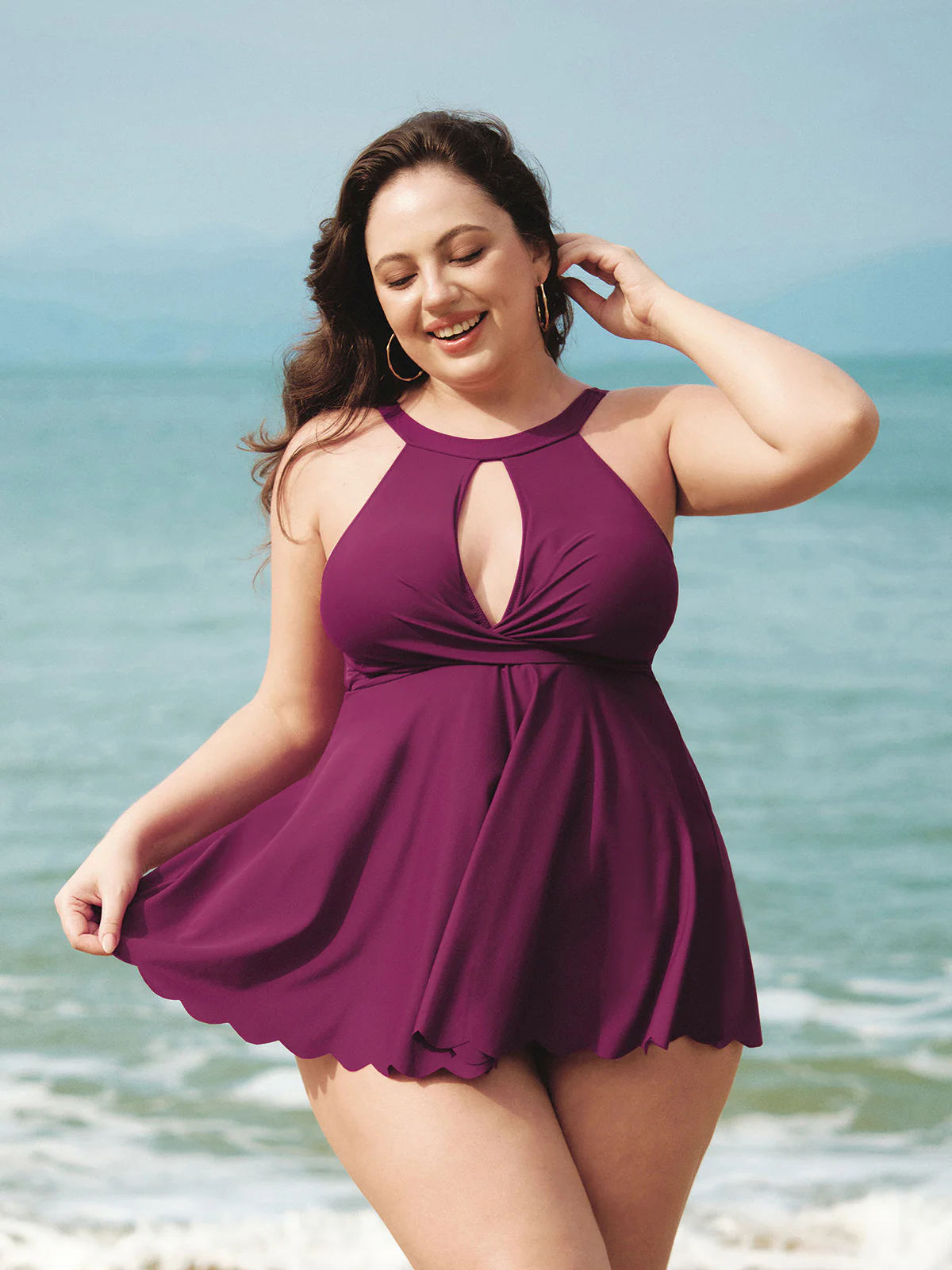 Burgundy Halter Twist Front Plus Size Tankini Top