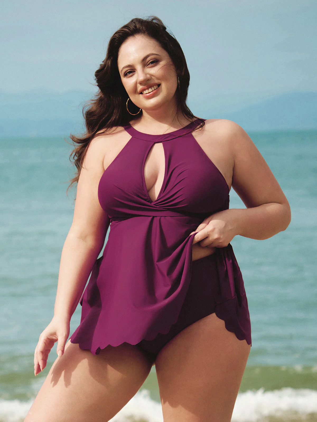Burgundy Halter Twist Front Plus Size Tankini Top