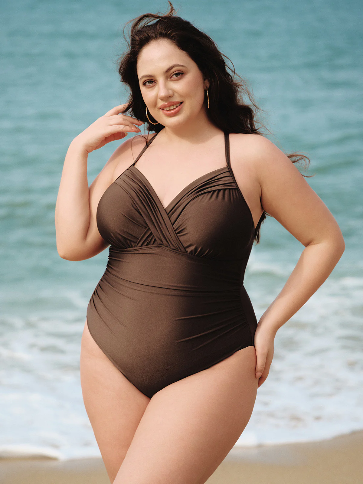 Dark Coffee Twist Plus Size One-Piece Swimsuit