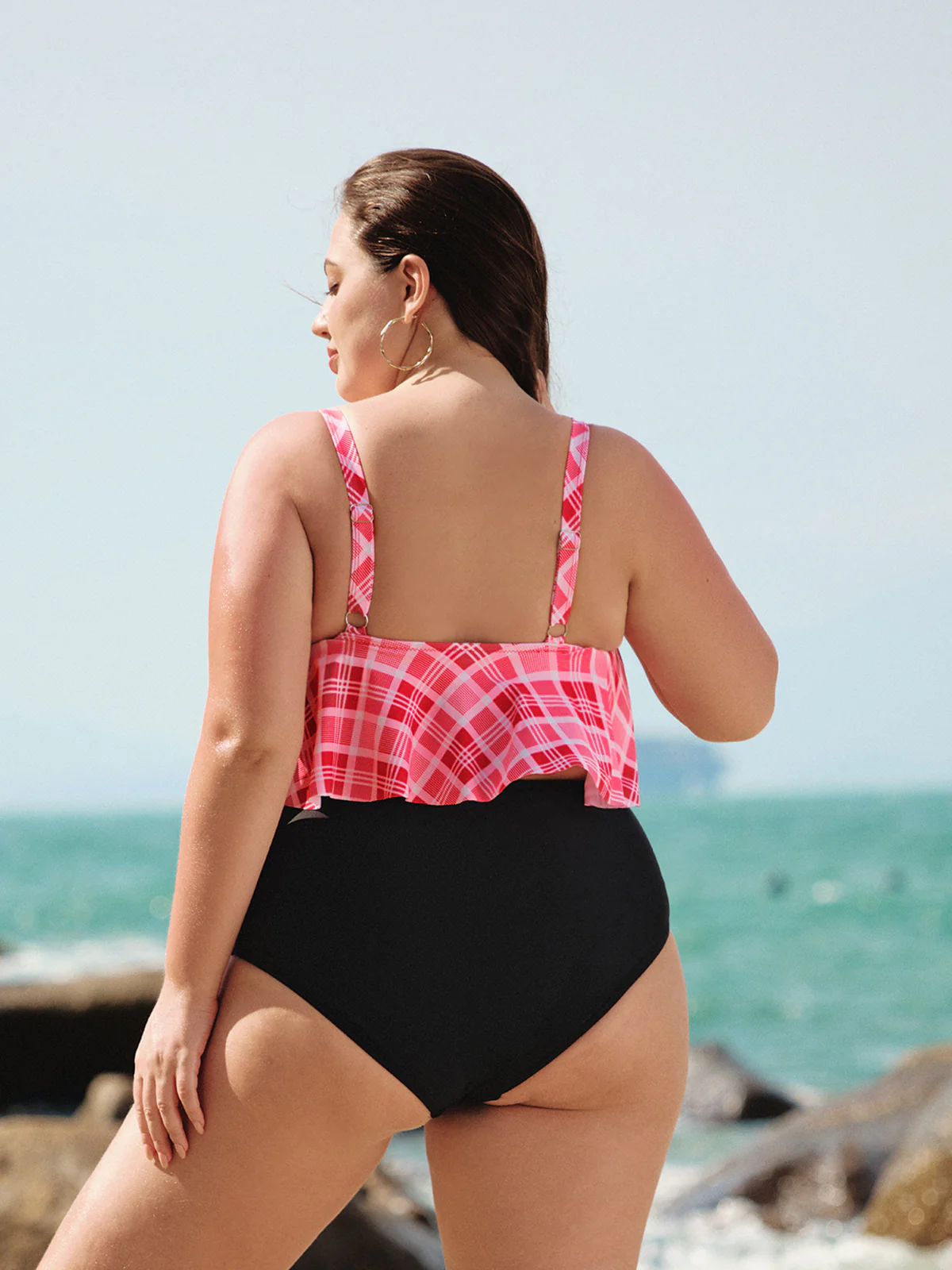 Red Plaid Layered Plus Size Tankini Top