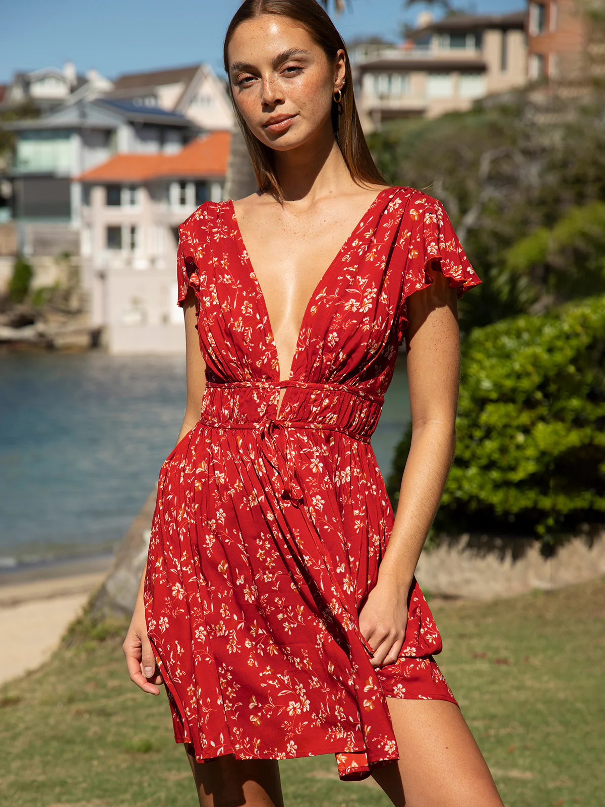 Red Floral V-Neck Beach Dress