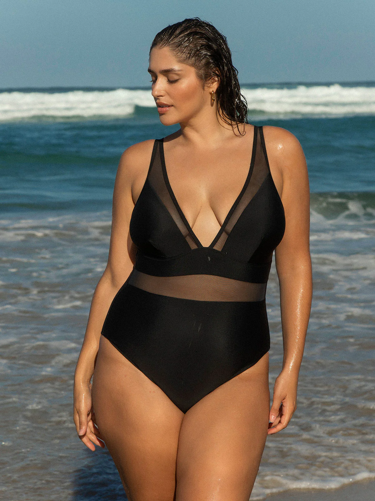 Black Sheer V-Neck Plus Size One-Piece Swimsuit