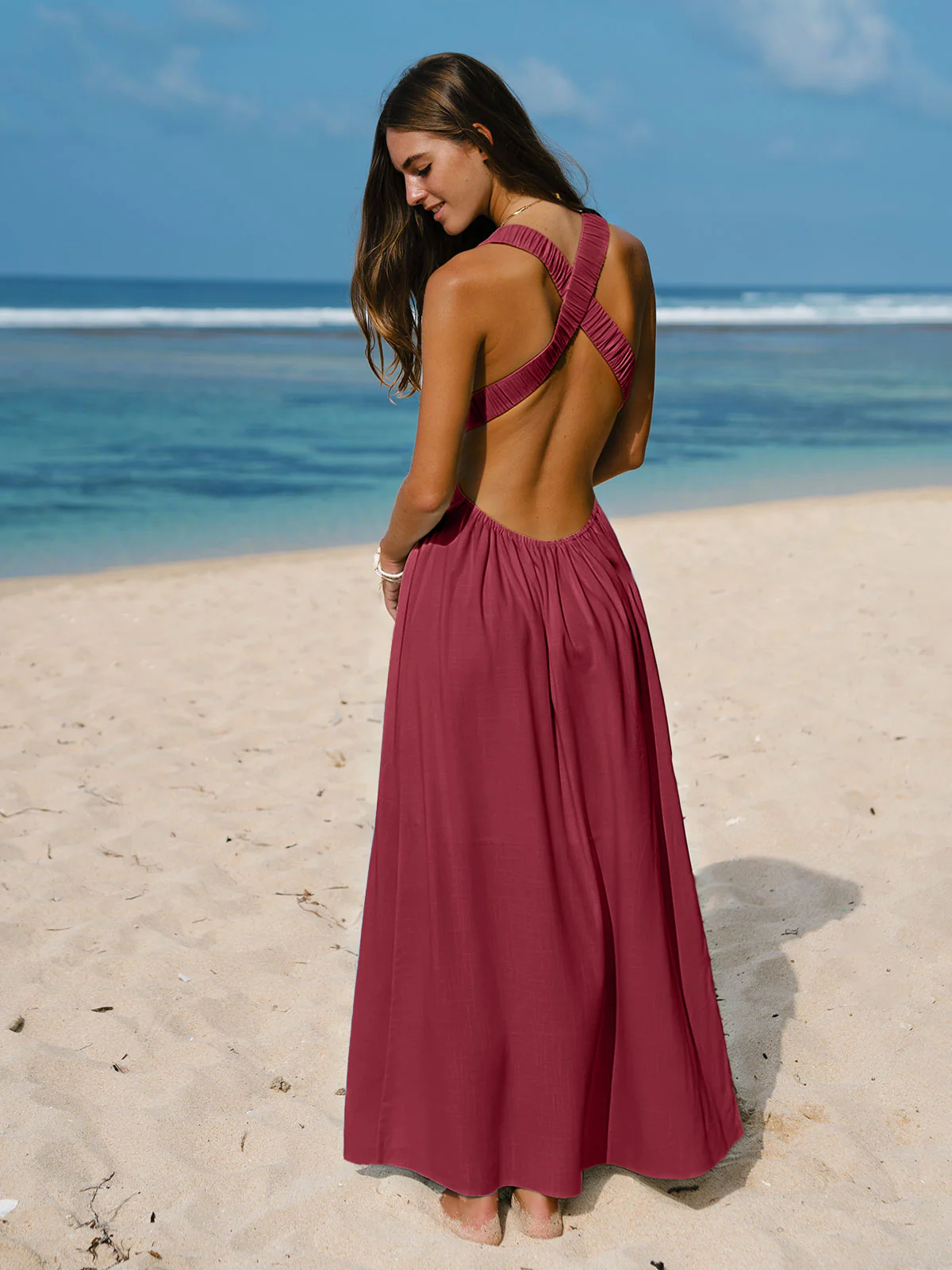 Wine Red V Neck Plaeted Beach Dress