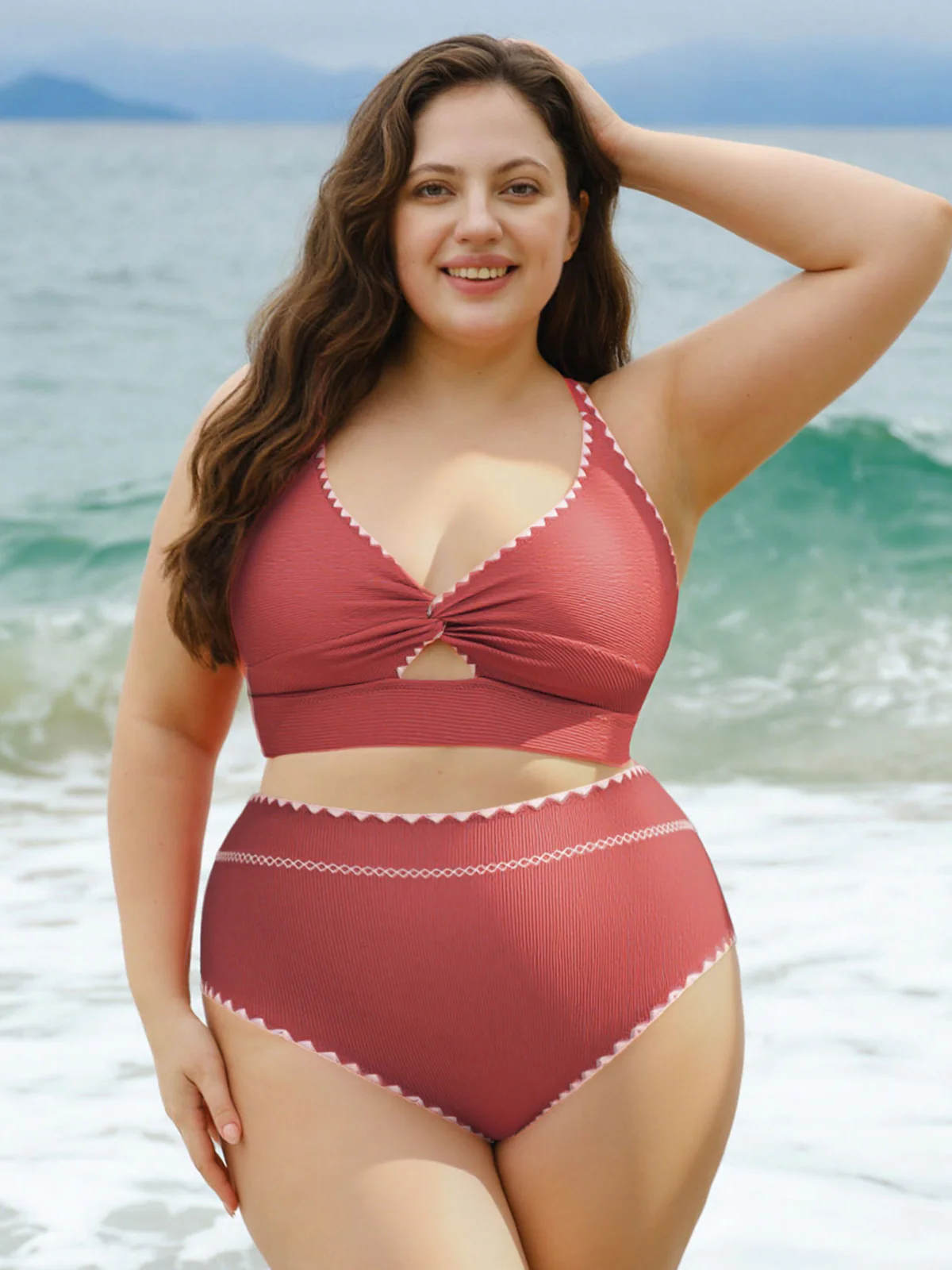 Brick Red Contrast Stitch Plus Size Bikini Top