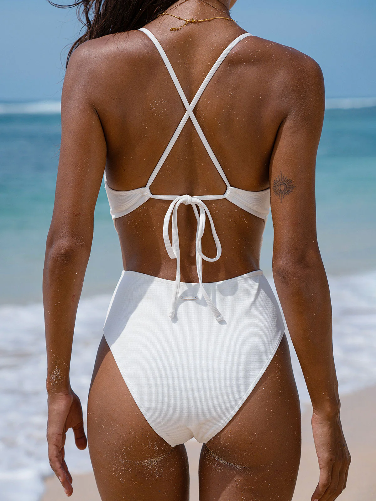 White Textured Plunge One-Piece Swimsuit