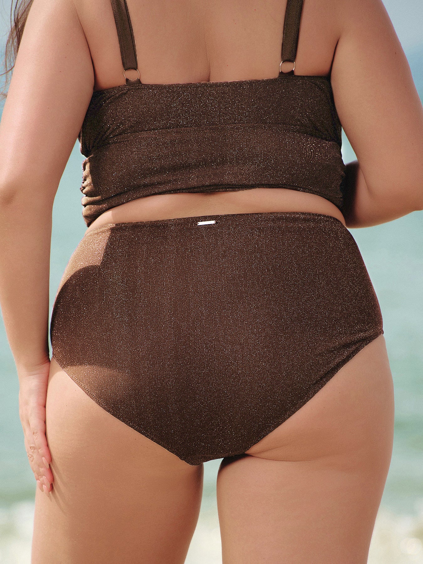 Dark Coffee Lurex Ruched Plus Size Bikini Bottom