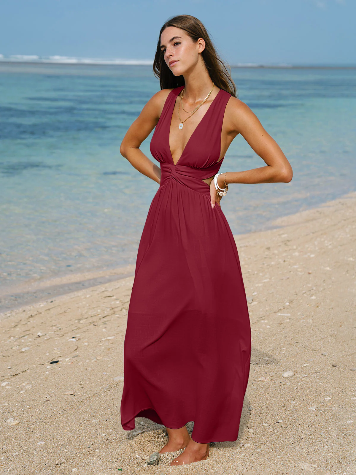 Wine Red V Neck Plaeted Beach Dress