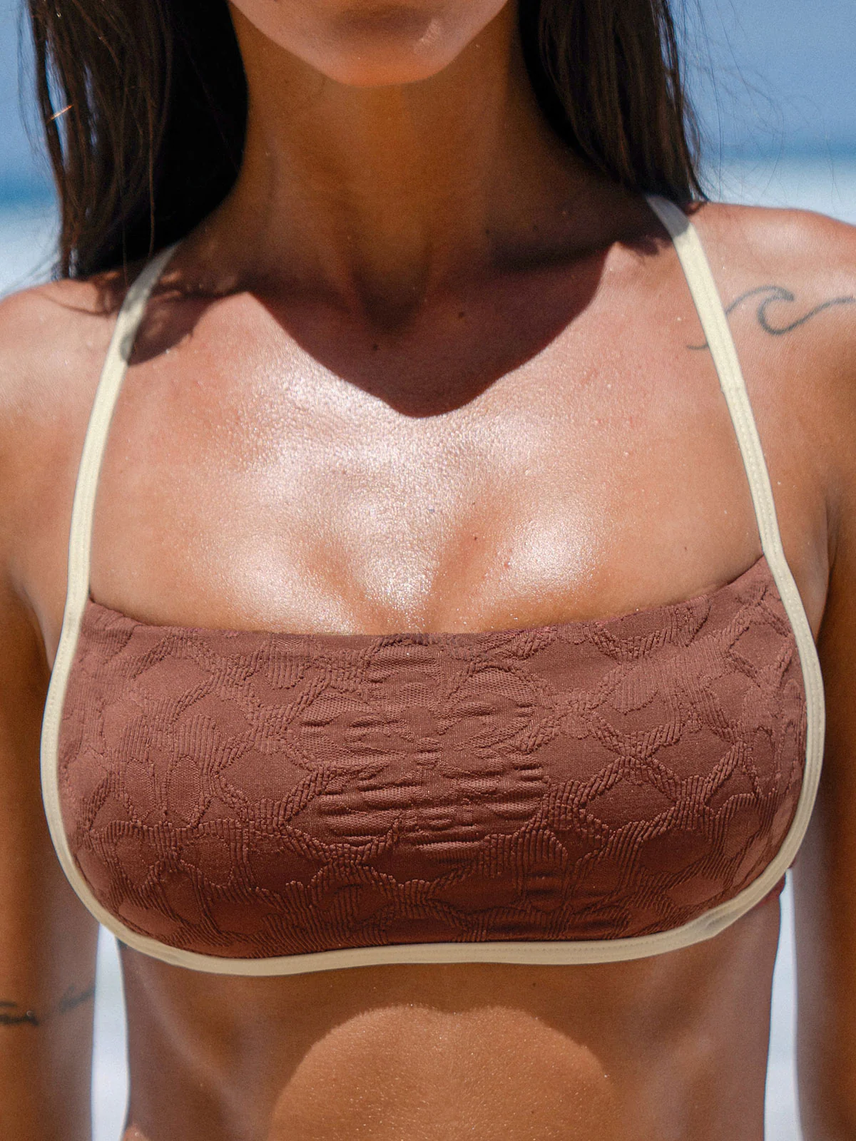 Dark Coffee Jacquard X Cross Bikini Top