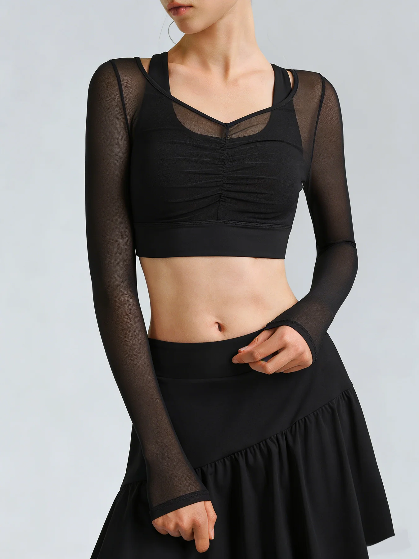 Black Mesh Ruched Crop Long Sleeve Top