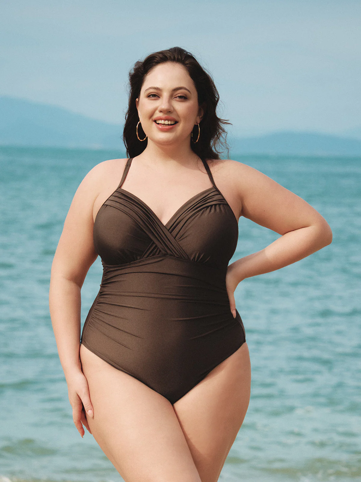 Dark Coffee Twist Plus Size One-Piece Swimsuit