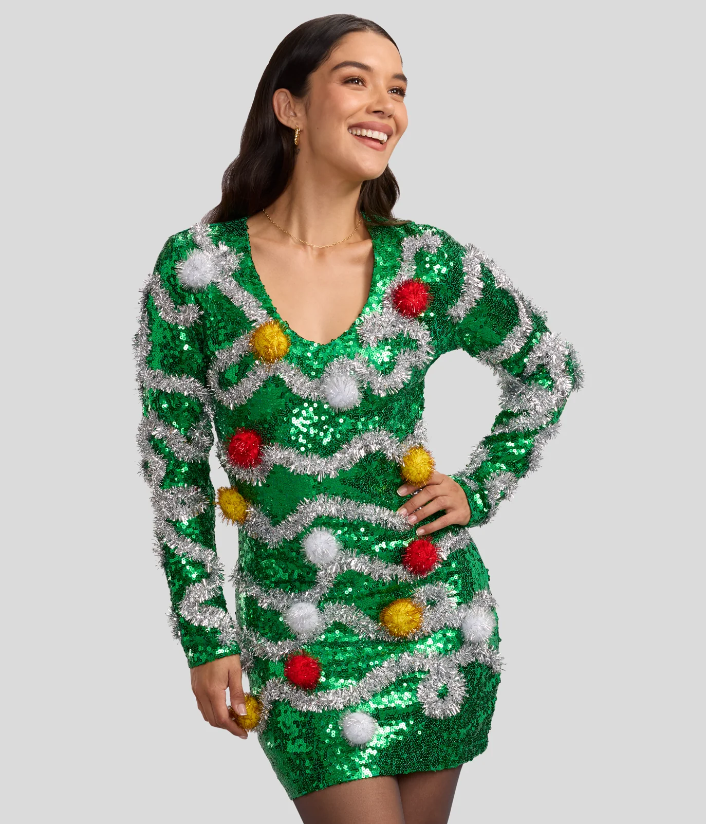 Women's Tangled Pom Pom Sequin V Neck Dress