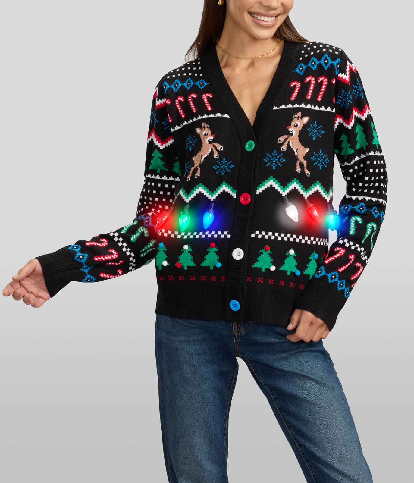 Women's Fair Isle Rudolph Light Up Christmas Cardigan Sweater