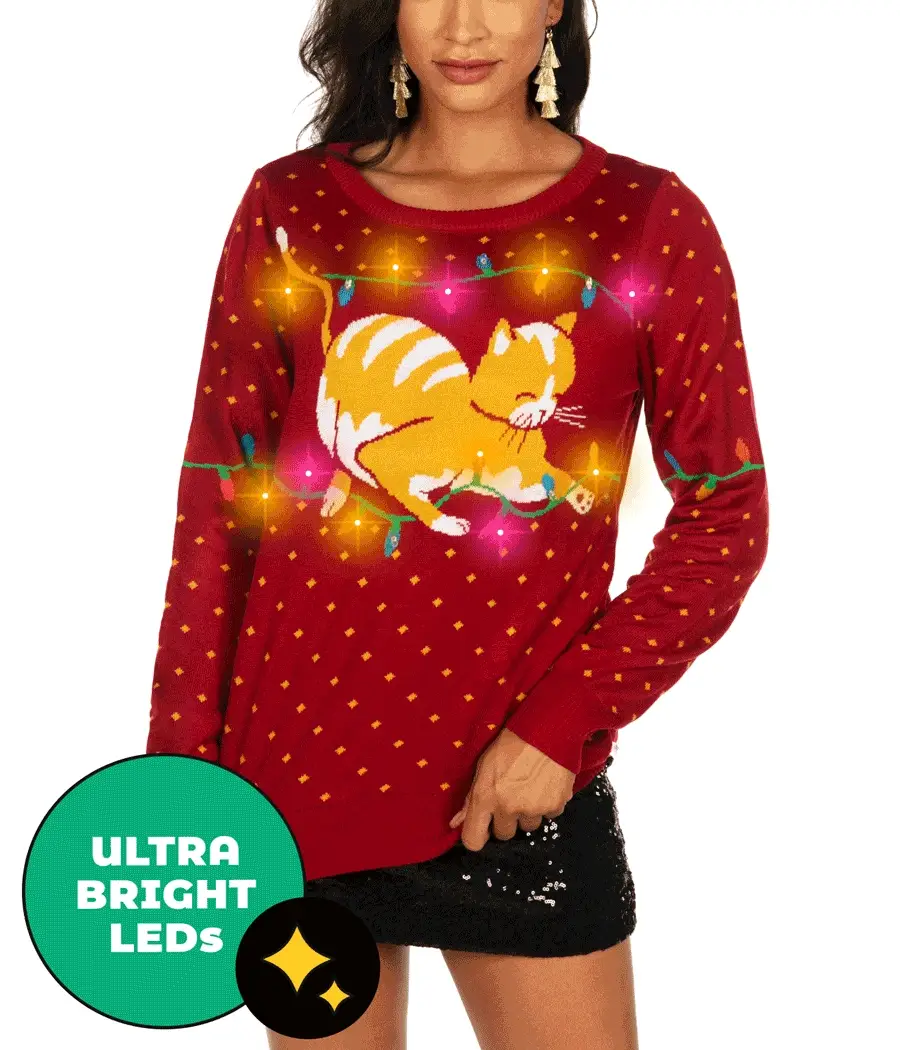Women's Cat-itude Light Up Ugly Christmas Sweater