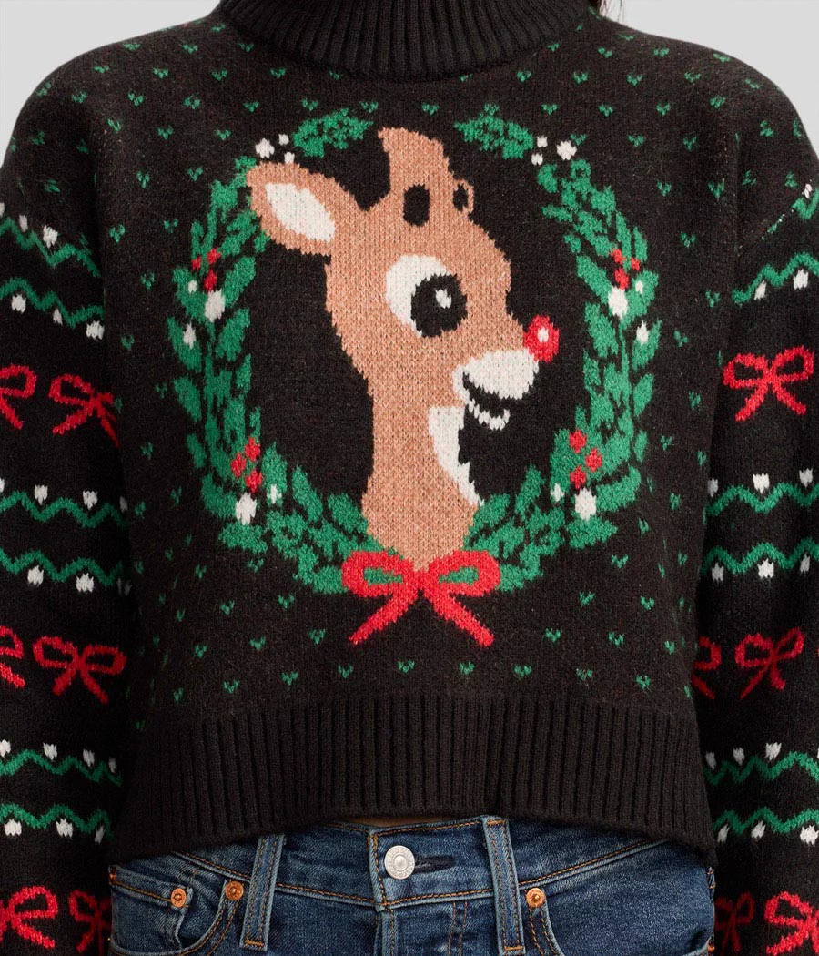 Women's Cozy Knit Rudolph Wreath Cropped Christmas Sweater