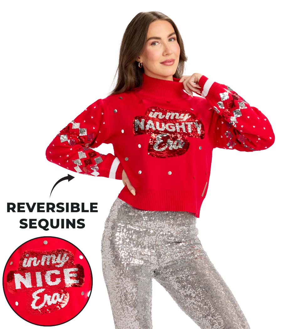 Women's Nice Era Turtleneck Cropped Reversible Sequin Christmas Sweater