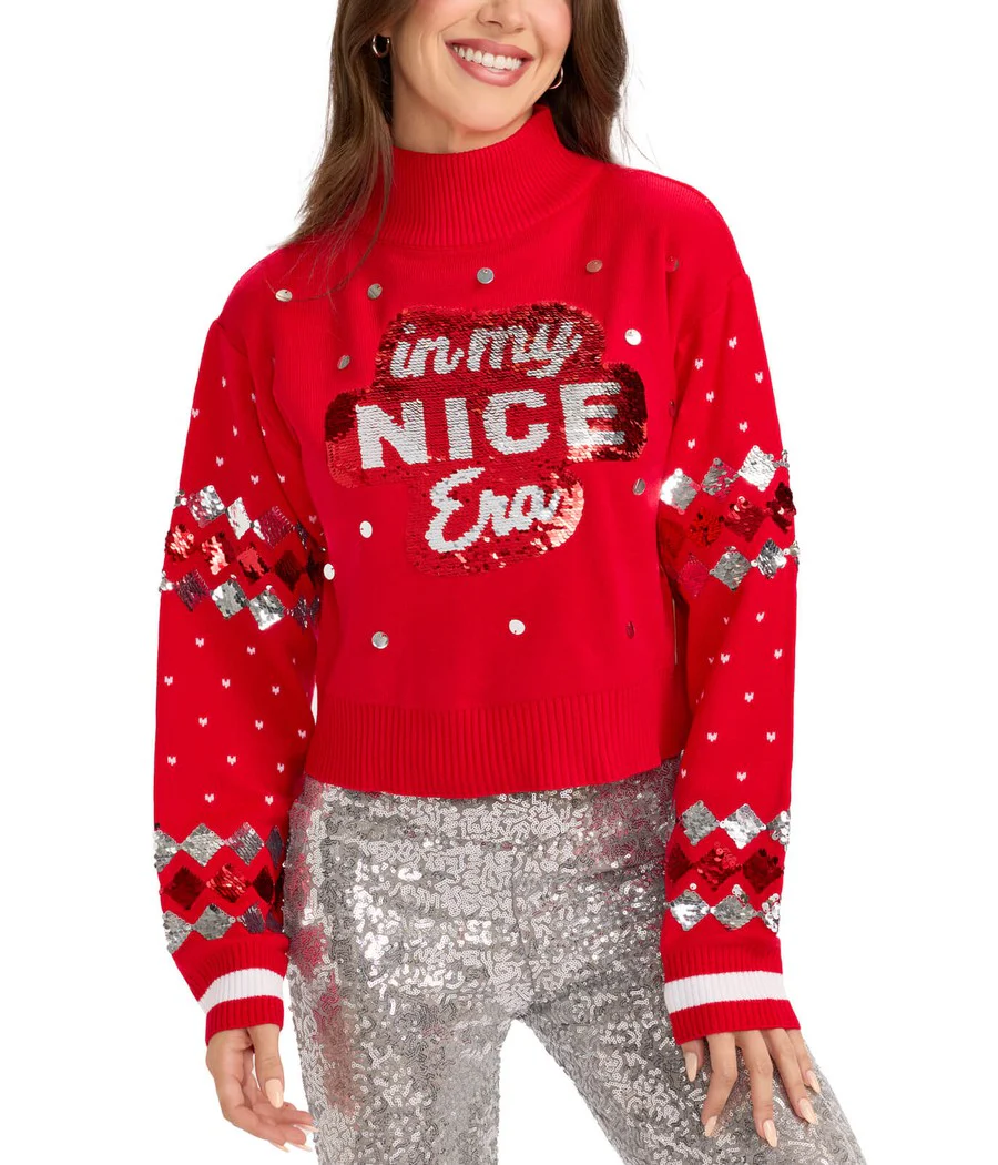 Women's Nice Era Turtleneck Cropped Reversible Sequin Christmas Sweater