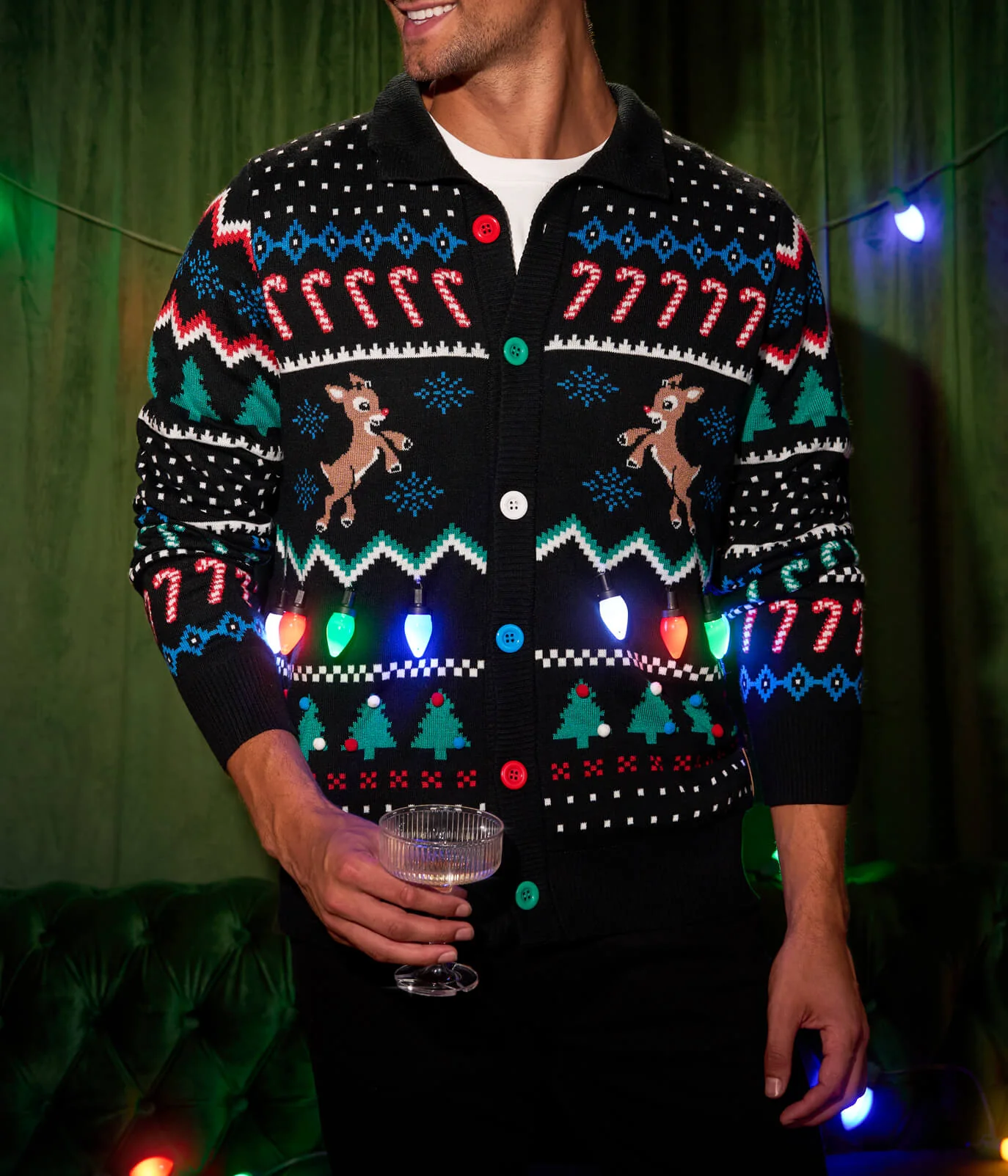 Men's Fair Isle Rudolph Light Up Christmas Cardigan Sweater
