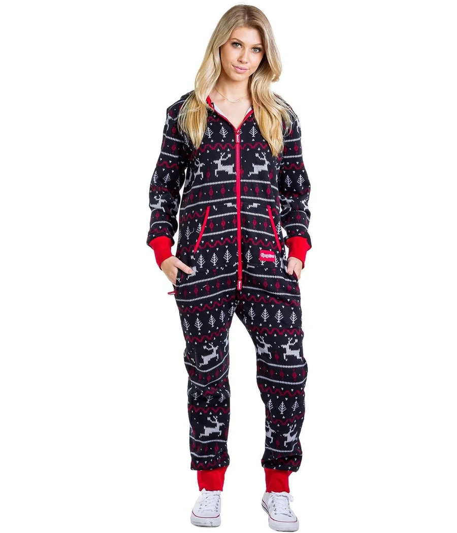 Women's Black and Red Fair Isle Jumpsuit