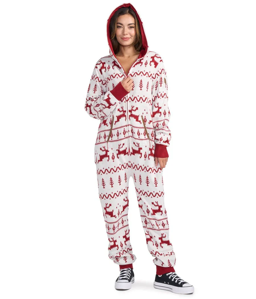 Women's Red and White Fair Isle Knit Jumpsuit