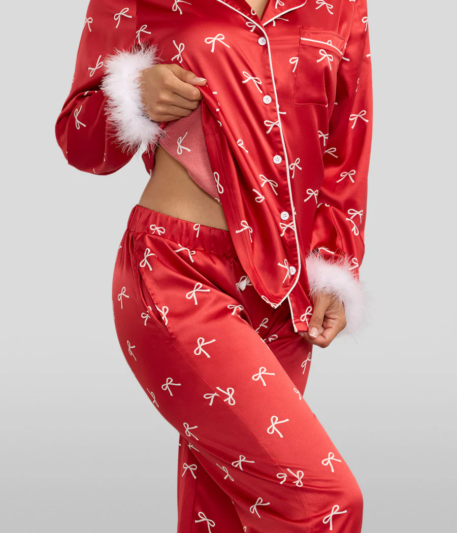 Women's Christmas Bow Satin Feather Pajama Set