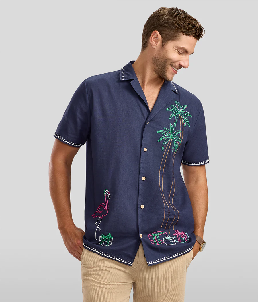 Men's Festive Flamingo Linen Cabana Shirt