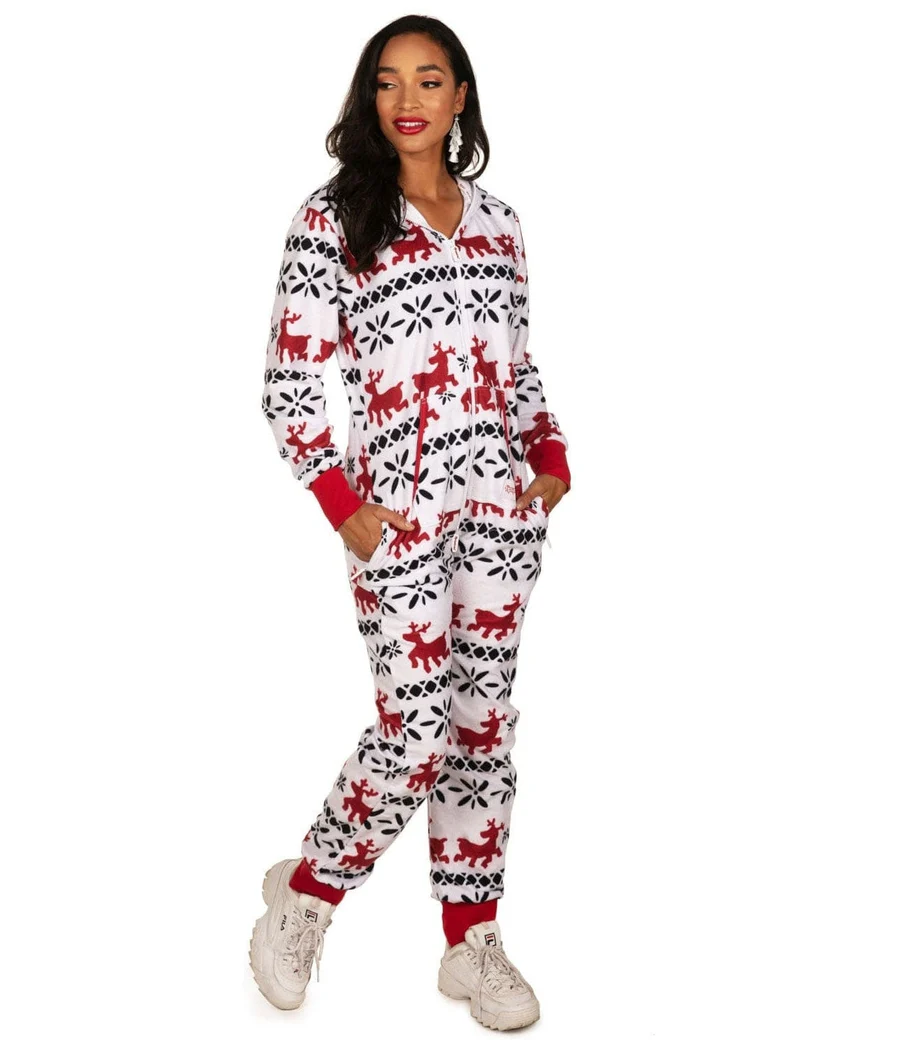 Women's Red and White Reindeer Jumpsuit