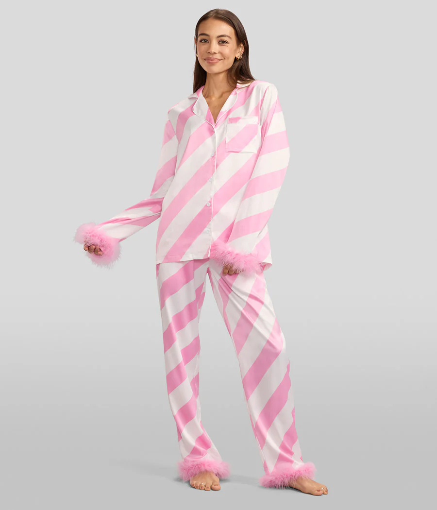 Women's Pink Candy Cane Satin Feather Pajama Set