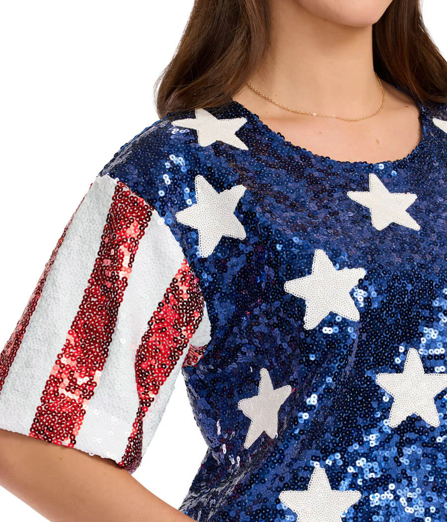 Women's Sequined Stars and Stripes Cropped Tee