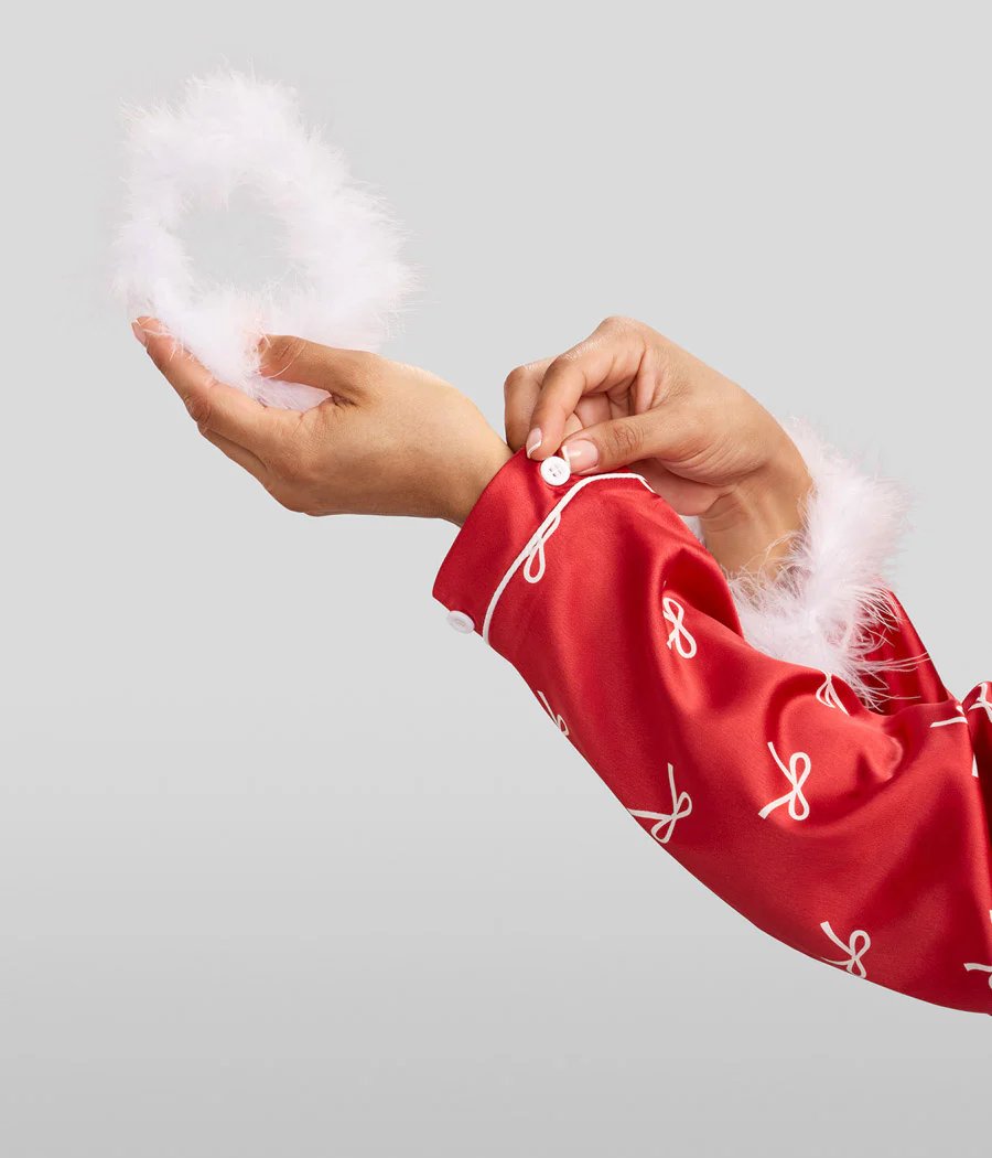 Women's Christmas Bow Satin Feather Pajama Set
