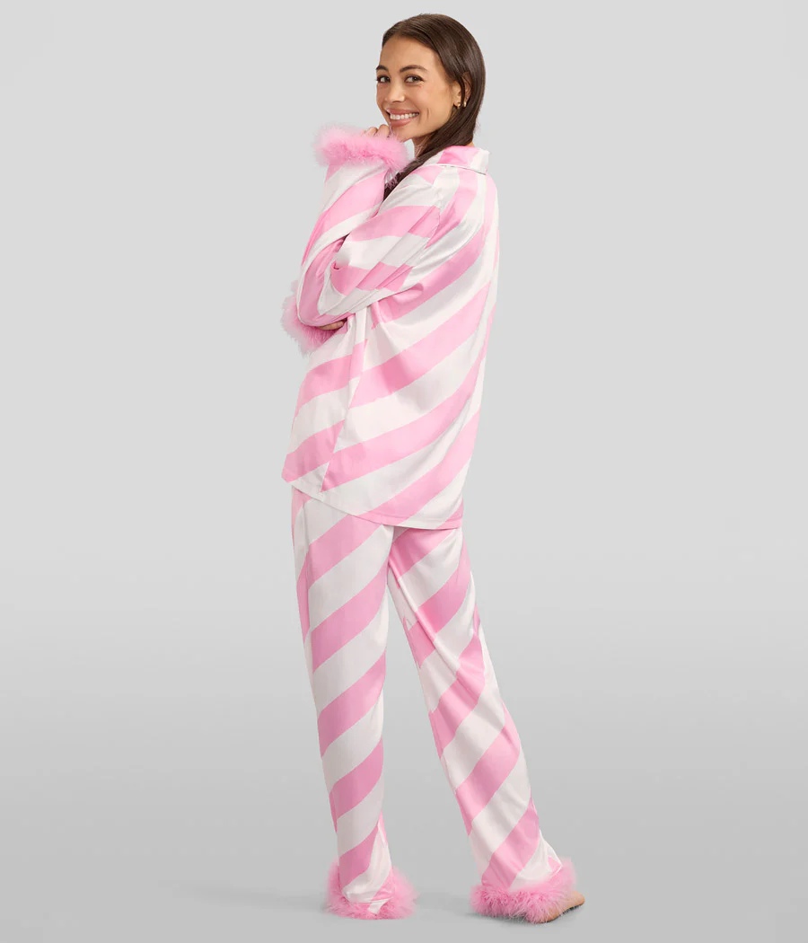Women's Pink Candy Cane Satin Feather Pajama Set