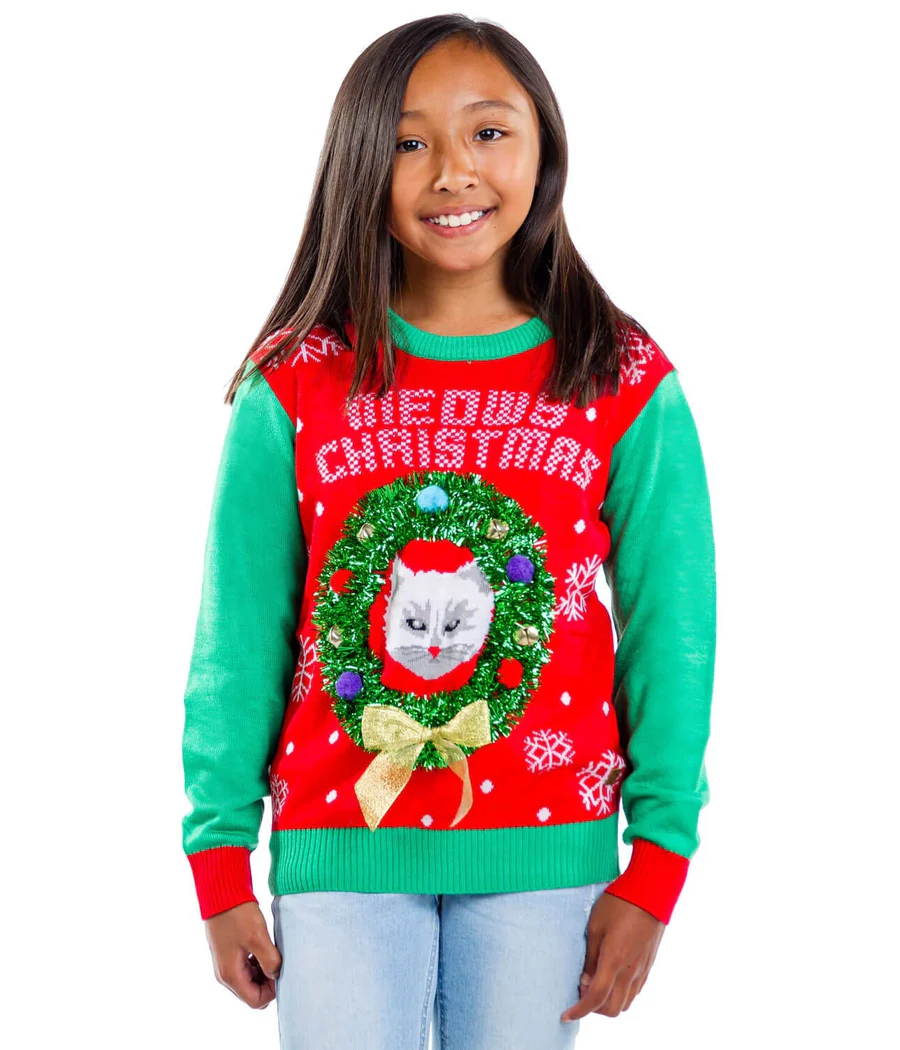 Girl's Cat in Wreath Ugly Christmas Sweater