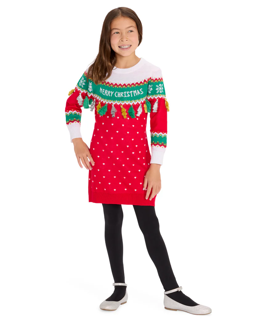 Girl's Merry Christmas Tassel Sweater Dress