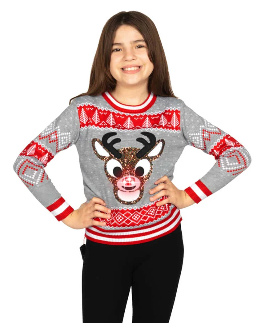 Girl's Sequin Rudolph Light Up Ugly Christmas Sweater